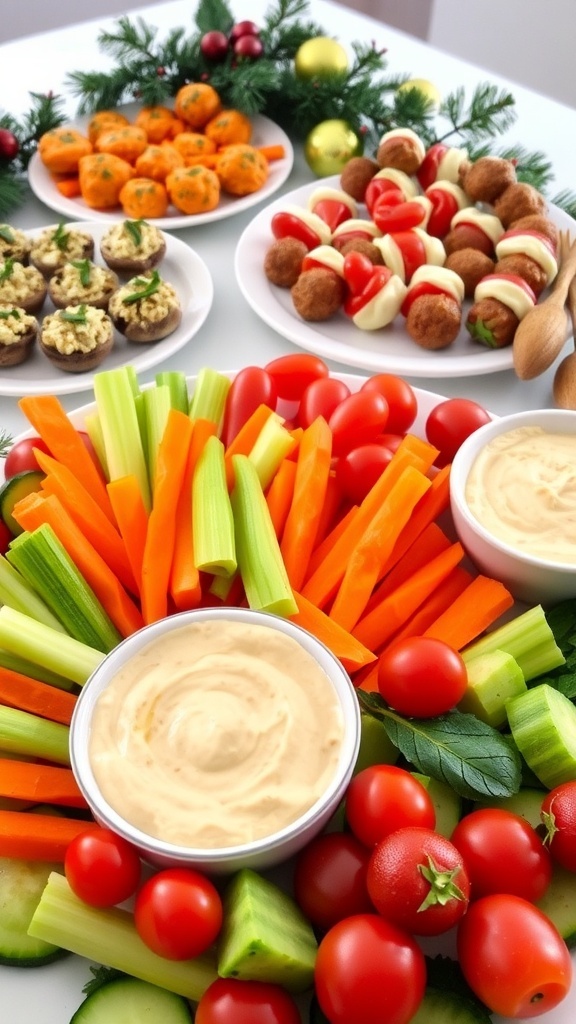 Healthy Christmas party appetizers including vegetable platter, stuffed mushrooms, Caprese skewers, and mini meatballs on a festive table.